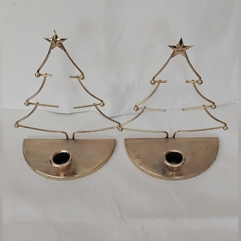 Vtg  Set of 2 Brass Christmas Tree Candle Holders Candlrstick Holders